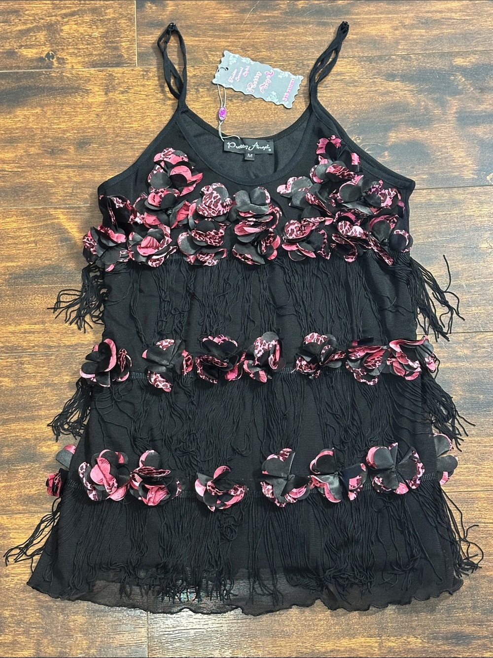 🌹 Pretty Angel NWT Silk 3D Floral Fringe Whimsigoth Tank M
